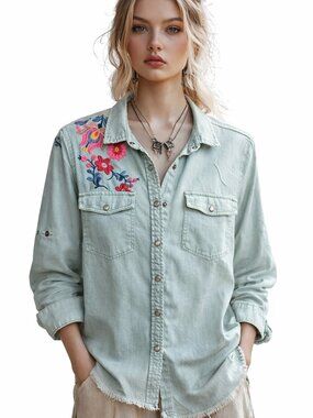 Billy T. shirt jacket, embroidered front & back, corset style lace-up back, boho
